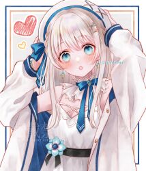 Rule 34 | 1girl, adjusting clothes, adjusting headwear, beret, blue eyes, breasts, cleavage, commission, dress, earrings, ginniroya, grey hair, hair between eyes, hair ornament, hat, heart, highres, indie virtual youtuber, jacket, jewelry, long hair, looking at viewer, medium breasts, nagino mashiro, open mouth, skeb commission, sleeveless, solo, twitter username, virtual youtuber, white background