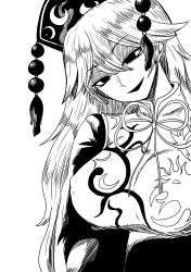 Rule 34 | 1girl, absurdres, breasts, commentary request, covered erect nipples, greyscale, hair between eyes, hair flaps, hat, head tilt, highres, himajin noizu, junko (touhou), large breasts, long hair, monochrome, neck ribbon, open mouth, ribbon, shaded face, simple background, solo, touhou, upper body, white background