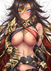 Rule 34 | 1girl, armlet, armor, belt, black belt, black gloves, black hair, blonde hair, blue eyes, blush, breasts, closed mouth, clothes pull, commentary, criss-cross halter, dakimakura (medium), dark-skinned female, dark skin, dehya (genshin impact), earrings, english commentary, fingerless gloves, genshin impact, gloves, hair between eyes, halterneck, hand on own stomach, jewelry, large breasts, long hair, looking at viewer, multicolored hair, navel, nipples, no panties, open fly, out-of-frame censoring, pulled by self, rei kun, shoulder armor, single bare shoulder, solo, two-tone hair