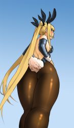 Rule 34 | ass, blazblue, blonde hair, blue background, borvar, breasts, gradient background, highres, leotard, long hair, looking at viewer, looking back, looking down, pantyhose, playboy bunny, rabbit tail, rachel alucard, small breasts, solo, tail, thighs, twintails, very long hair, white background
