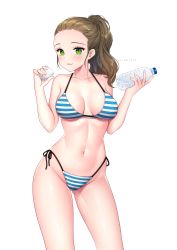 Rule 34 | 1girl, banglinh1997, bikini, bottle, breasts, brown hair, cleavage, green eyes, highres, large breasts, legs apart, navel, original, ponytail, side-tie bikini bottom, smile, solo, striped bikini, striped clothes, swimsuit, thick thighs, thighs, water bottle, white background