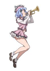Rule 34 | 1girl, absurdres, black footwear, blue eyes, blue hair, closed mouth, commentary, frilled hat, frilled skirt, frills, full body, gyouza (mhea5724), hat, highres, holding, holding instrument, instrument, long sleeves, looking at viewer, merlin prismriver, microskirt, music, navel, petticoat, pink hat, pink shirt, pink skirt, playing instrument, shirt, short hair, simple background, skirt, socks, solo, touhou, white background, white socks