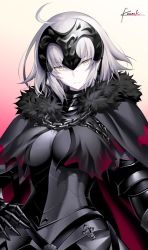 Rule 34 | 1girl, ahoge, armor, armored dress, black cape, black dress, breasts, cape, cowboy shot, dress, fate/apocrypha, fate (series), fur-trimmed cape, fur collar, fur trim, gauntlets, gradient background, hand on own hip, headpiece, jeanne d&#039;arc (fate), jeanne d&#039;arc alter (avenger) (fate), jeanne d&#039;arc alter (fate), kousaki rui, large breasts, looking at viewer, short hair, signature, silver hair, solo, tsurime, yellow eyes