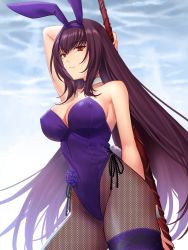 Rule 34 | 1girl, animal ears, bare shoulders, breasts, cleavage, detached collar, fake animal ears, fate/grand order, fate (series), fishnet pantyhose, fishnets, gae bolg (fate), hair between eyes, highleg, highleg leotard, large breasts, leotard, long hair, looking at viewer, official alternate costume, pantyhose, playboy bunny, polearm, purple hair, purple leotard, rabbit ears, rainsp, red eyes, scathach (fate), scathach (piercing bunny) (fate), solo, spear, thighs, weapon, wrist cuffs