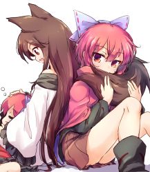 Rule 34 | 2girls, animal ears, black footwear, black shirt, blue bow, boots, bow, brown hair, brown skirt, cloak, commentary request, covered mouth, disembodied head, dress, fang, hair bow, imaizumi kagerou, isu (is88), knees up, long hair, long sleeves, miniskirt, multiple girls, open mouth, red eyes, red hair, sekibanki, shirt, short hair, simple background, sitting, skin fang, skirt, sleeping, smile, tail, touhou, white background, white dress, wolf ears, wolf tail