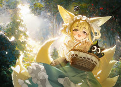 Rule 34 | 1girl, :d, animal ear fluff, animal ears, arknights, bag, basket, blonde hair, flower, forest, fox ears, fox tail, frilled hairband, frills, green skirt, hair between eyes, hairband, highres, holding, holding basket, lily of the valley, mio-muo1206, multiple tails, nature, open mouth, outdoors, short hair, skirt, smile, suzuran (arknights), suzuran (spring praise) (arknights), tail, tree, yellow eyes