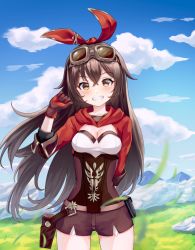 Rule 34 | 1girl, amber (genshin impact), blue sky, blush, breasts, brown hair, cleavage, cloud, cowboy shot, day, genshin impact, glasses, gloves, grass, hair ornament, highres, long hair, looking at viewer, mountain, outdoors, shands, sky, small breasts, smile, solo, teeth