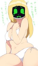 Rule 34 | 1girl, accio, bikini, blonde hair, breasts, cleavage, green eyes, large breasts, long hair, monitor, navel, object head, original, simple background, sitting, solo, swimsuit, tears