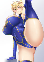 Rule 34 | 1girl, ahoge, armpits, arms up, artoria pendragon (fate), artoria pendragon (lancer) (fate), bare shoulders, blonde hair, blue gloves, blue leotard, blue thighhighs, blush, braid, breasts, cleavage, cleavage cutout, clothing cutout, covered navel, crown, elbow gloves, fate/grand order, fate (series), french braid, gloves, green eyes, hair between eyes, heattech leotard, highleg, highleg leotard, huge breasts, kumakichi (cost-lost), leg lift, leg up, leotard, long hair, looking at viewer, parted lips, sidelocks, solo, split, standing, standing on one leg, standing split, thighhighs, thighs, turtleneck