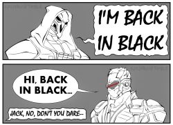 Rule 34 | 2boys, 2koma, comic, covered eyes, covered mouth, english text, greyscale, hood, limited palette, male focus, mask, monochrome, multiple boys, overwatch, overwatch 1, reaper (overwatch), simple background, soldier: 76 (overwatch), speech bubble, spot color, visor