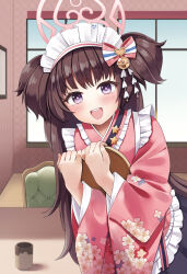 Rule 34 | 1girl, apron, blue archive, blush, bow, brown hair, chair, cup, floral print, frilled apron, frills, halo, highres, holding, holding tray, indoors, japanese clothes, kimono, long hair, long sleeves, looking at viewer, maid headdress, open mouth, pink kimono, purple eyes, saburou 03, shizuko (blue archive), solo, teeth, tray, two side up, upper teeth only, very long hair, white apron, wide sleeves, window, yunomi
