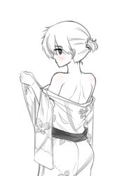 Rule 34 | 1girl, alternate costume, ass, back, breasts, dropship (artist), from behind, greyscale, highres, japanese clothes, kimono, monochrome, nazo no kanojo x, ponytail, short hair, sideboob, simple background, solo, third-party source, undressing, urabe mikoto, white background, yukata