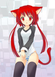 Rule 34 | 1girl, animal ears, bad id, bad pixiv id, cat ears, cat tail, covering crotch, covering privates, embarrassed, emuke, highres, long hair, mk (masatusaboten), no pants, panties, raglan sleeves, red eyes, red hair, shirt, shirt tug, socks, solo, striped clothes, striped panties, t-shirt, tail, tears, thighhighs, trefoil, twintails, underwear
