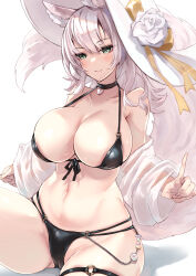 Rule 34 | 1girl, alexi oekaki, animal ears, bare shoulders, bikini, black bikini, black choker, blush, breasts, cameltoe, choker, cleavage, closed mouth, commentary request, echocalypse, fox shadow puppet, green eyes, hat, hat ornament, highres, large breasts, long sleeves, looking at viewer, mole, mole under mouth, navel, o-ring, see-through, simple background, sitting, smile, snezhana (echocalypse), solo, stomach, swimsuit, thigh strap, thighs, white background, white hair, white hat