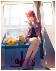 Rule 34 | 1girl, absurdres, book, boots, cat, demon wings, earrings, flower, hair ribbon, highres, horns, huge filesize, jewelry, long hair, open book, original, reading, red eyes, red hair, ribbon, rolling suitcase, sitting, skirt, smile, solo, suitcase, train, train interior, vofan, wings