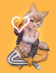 Rule 34 | 1girl, animal ears, bare shoulders, beleven, belt, blonde hair, camisole, coyote (kemono friends), extra ears, gloves, heart, highres, jacket, kemono friends, kemono friends v project, looking at viewer, navel, one eye closed, short hair, simple background, skirt, solo, tail, thighhighs, virtual youtuber, wolf ears, wolf girl, wolf tail, yellow background, yellow eyes