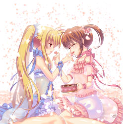 Rule 34 | 2girls, armlet, artist name, babydoll, blonde hair, bloomers, brown hair, chemise, chocolate, choker, commentary request, facing another, fate testarossa, feeding, frills, from side, fundoshi inao, heart, long hair, looking at another, lyrical nanoha, mahou shoujo lyrical nanoha, multiple girls, open mouth, parted lips, petals, red eyes, ribbon, scrunchie, see-through, short twintails, sidelocks, signature, sitting, smile, takamachi nanoha, twintails, underwear, wariza, wristband, yuri
