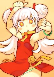 Rule 34 | &gt;:o, 1girl, :o, arm up, armpits, bachera, bangle, baozi, blush, bracelet, bright pupils, china dress, chinese clothes, cowboy shot, double bun, dress, food, green panties, hair bun, holding, jewelry, long hair, looking at viewer, martial arts, orange eyes, original, outline, outstretched arm, panties, simple background, sleeveless, solo, striped clothes, striped panties, underwear, v-shaped eyebrows, white hair, yellow background