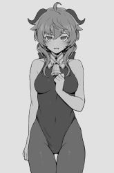 Rule 34 | 1girl, ahoge, bell, bodysuit, breasts, covered navel, cowbell, ganyu (genshin impact), genshin impact, goat horns, grey background, greyscale, hair between eyes, highres, horns, jp06, long hair, looking at viewer, medium breasts, monochrome, open mouth, simple background, sleeveless, sleeveless bodysuit, solo, thigh gap, thighs