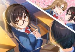 Rule 34 | &quot;rouhou&quot; ore no iinazuke ni natta jimiko ie dewa kawaii shikanai., 1boy, 2girls, black-framed eyewear, black hair, blazer, blue jacket, blush, bow, bowtie, breasts, brown eyes, brown hair, chair, classroom, closed mouth, desk, earrings, eye contact, from above, glasses, hair ornament, hair scrunchie, hand grab, index fingers together, indoors, jacket, jewelry, long hair, long sleeves, looking at another, medium breasts, multiple girls, nihara momono, novel illustration, official art, open mouth, ponytail, profile, red bow, red bowtie, school chair, school desk, school uniform, scrunchie, semi-rimless eyewear, sidelocks, tan (tangent), textless version, tile floor, tiles, under-rim eyewear, watanae yuuka, wooden floor