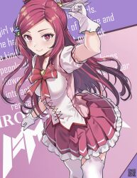 1girl airport96 arm_up asobe_iroha bow breasts character_name drill_hair gloves jewelry long_hair looking_at_viewer magical_girl magicami medium_breasts miniskirt pleated_skirt qr_code red_eyes red_hair sidelocks skirt smile thighhighs twin_drills