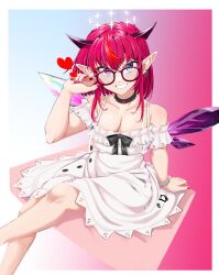 Rule 34 | 1girl, absurdres, arm support, bare shoulders, black bow, black choker, blue background, blue eyes, bow, breasts, choker, cleavage, collarbone, crystal wings, double halo, dress, earrings, eyelashes, feet out of frame, glasses, gradient background, halo, hand up, heterochromia, highres, hololive, hololive english, horns, irys (casualrys) (hololive), irys (hololive), jewelry, lace-trimmed choker, lace trim, legs, long sleeves, medium breasts, mmneko, multicolored hair, nail polish, off-shoulder dress, off shoulder, pink background, pointy ears, purple eyes, purple hair, purple nails, short dress, sidelocks, solo, streaked hair, teeth, two-tone background, virtual youtuber, watch, white dress, wings, wristwatch
