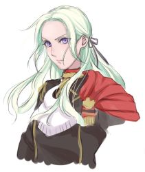 Rule 34 | 1girl, bad id, bad twitter id, blonde hair, blue eyes, cape, ascot, edelgard von hresvelg, fire emblem, fire emblem: three houses, hair ornament, long hair, looking at viewer, miku1201 fe, mole, mole under mouth, nintendo, simple background, smile, solo, uniform, white background