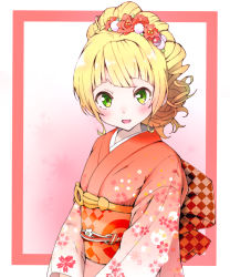 Rule 34 | 1girl, :d, alternate hairstyle, blonde hair, blunt bangs, blush, braid, creatures (company), flat chest, floral print, flower, french braid, game freak, green eyes, hair flower, hair ornament, hair up, high ponytail, highres, japanese clothes, kimono, kobo (cobo 0609), lillie (pokemon), long hair, long sleeves, looking at viewer, nintendo, obi, open mouth, poke ball, poke ball hair ornament, pokemon, pokemon sm, sash, short hair, smile, solo, standing