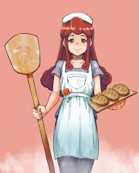 Rule 34 | 1girl, apron, bad id, bad twitter id, baking, black neckwear, black pantyhose, borrowed character, bread, brown hair, choker, closed mouth, flower, grey shirt, highres, loaf of bread, long hair, looking at viewer, maid cap, mynare, original, oven mitts, pantyhose, peel (tool), pink background, pocket, shirt, short sleeves, simple background, smile, solo, standing, white apron, yellow eyes