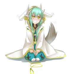 Rule 34 | 1girl, absurdres, aqua hair, blush, collar, commentary request, dog tail, fate/grand order, fate (series), green hair, highres, hood, horns, japanese clothes, kagari3, kimono, kiyohime (fate), leash, long hair, long sleeves, open mouth, seiza, sitting, solo, tail, tail wagging, thighhighs, white background, wide sleeves, yellow eyes