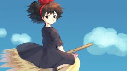 Rule 34 | 1girl, absurdres, black dress, black eyes, black hair, blue sky, bob cut, bow, broom, broom riding, closed mouth, cloud, commentary request, dress, flying, hair bow, hairband, highres, kiki (majo no takkyuubin), korean commentary, light blush, light smile, looking at viewer, looking back, majo no takkyuubin, mangi5000, messy hair, red bow, red hairband, short hair, sky, solo, studio ghibli