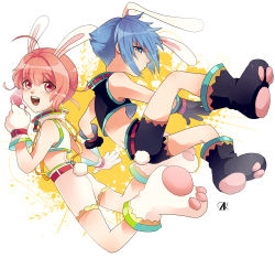 Rule 34 | 2boys, ahoge, androgynous, animal ears, ass, blue eyes, blue hair, rabbit ears, rabbit tail, full body, male focus, midriff, multiple boys, nikke (tk2012), open mouth, original, paw shoes, pink eyes, pink hair, shoes, shorts, skin tight, skinny, smile, tail