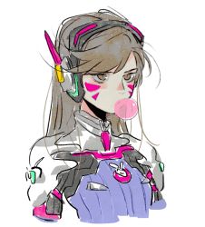 Rule 34 | 1girl, animal print, armor, artist request, bad id, bad twitter id, bodysuit, brown hair, blowing bubbles, d.va (overwatch), facepaint, facial mark, headphones, high collar, long hair, overwatch, overwatch 1, pauldrons, pilot suit, rabbit print, ribbed bodysuit, shoulder armor, shoulder pads, simple background, slit pupils, solo, whisker markings, white background