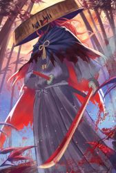 Rule 34 | 1boy, absurdres, black gloves, black kimono, fate/grand order, fate (series), floating hair, forest, from below, gloves, gore (white gore), hat, highres, holding, holding sword, holding weapon, japanese clothes, katana, kimono, koha-ace, long hair, looking at viewer, male focus, moon, nature, okada izou (fate), okada izou (second ascension) (fate), red eyes, red hair, sandogasa, sheath, sheathed, solo, standing, sun hat, sword, weapon