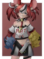 Rule 34 | 1girl, absurdres, animal ears, black shirt, blouse, blue eyes, collar, dice hair ornament, hair ornament, hakos baelz, highres, hololive, hololive english, jewelry, key, miniskirt, mouse ears, navel, pendant, red hair, shirt, simple background, skirt, solo, spiked collar, spikes, virtual youtuber, white shirt