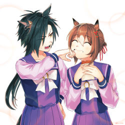Rule 34 | 2girls, ^ ^, absurdres, air shakur (umamusume), animal ears, black hair, bow, bowtie, brown hair, closed eyes, closed mouth, clover hair ornament, collarbone, commentary request, ear ornament, eyebrow piercing, facing away, fine motion (umamusume), fingerless gloves, food, food on face, gloves, hair between eyes, hair ornament, hand on another&#039;s face, hand on own hip, hand up, hands up, happy, highres, holding, holding food, horse ears, horse girl, horse tail, long hair, long sleeves, looking at another, multiple girls, own hands together, parted bangs, piercing, school uniform, sharp teeth, shirt, skirt, smile, tail, teeth, tracen school uniform, tsutsu (hinanjo 22), umamusume, very long hair, yellow eyes