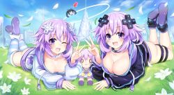 Rule 34 | adult neptune, breasts, choker, city, cleavage, cloud, field, giga-tera, grass, hair ornament, hairclip, happy, highres, hood, hoodie, large breasts, leggings, long hair, nepgear, neptune (neptunia), neptune (series), noire (neptunia), one eye closed, open mouth, parka, stuffed toy, stuffed toy, purple eyes, purple hair, shoes, short hair, sky, small breasts, thighhighs, thighs, wink