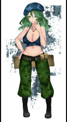 Rule 34 | 1girl, aoshima, bare shoulders, belt, beret, black footwear, blue hat, blue tank top, boots, breasts, camouflage, camouflage headwear, camouflage pants, camouflage tank top, cleavage, collarbone, commentary request, crop top, full body, green eyes, green hair, green pants, grin, groin, hand on own face, hand on own hip, hat, highres, jewelry, key, key necklace, large breasts, lips, looking to the side, medium hair, midriff, navel, necklace, no bra, pants, parted lips, pouch, smile, solo, standing, tank top, touhou, yamashiro takane