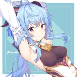 Rule 34 | ahoge, armpits, arms up, artist name, bell, blue hair, breasts, detached sleeves, ganyu (genshin impact), genshin impact, gold trim, highres, horns, kaxukin, long hair, looking at viewer, medium breasts, neck bell, open mouth, purple eyes, sidelocks, solo, white sleeves