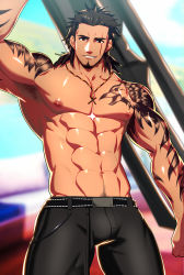 Rule 34 | 1boy, abs, absurdres, arm tattoo, arm up, armpits, bara, beard, black hair, black pants, bulge, facial hair, final fantasy, final fantasy xv, gladiolus amicitia, highres, jewelry, large pectorals, looking at viewer, lvlv, male focus, mature male, medium hair, muscular, muscular male, navel, navel hair, necklace, nipples, pants, parted lips, patreon logo, patreon username, pectorals, scar, scar across eye, scar on face, shoulder tattoo, smile, solo, tattoo, thick thighs, thighs, topless male, watermark, web address