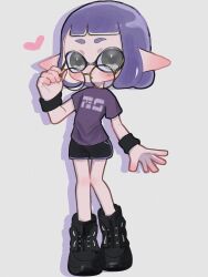 Rule 34 | 1girl, :o, black footwear, black shorts, black wristband, blush, brown-framed eyewear, commentary request, full body, grey eyes, heart, high tops, highres, inkling, inkling girl, inkling player character, mina p, nintendo, open mouth, pointy ears, purple hair, purple shirt, purple trim, round eyewear, shirt, shoes, short hair, short shorts, shorts, simple background, sneakers, solo, splatoon (series), standing, tentacle hair, white background