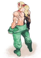 Rule 34 | 1boy, abs, alex (street fighter), blonde hair, blue eyes, bomber jacket, fingerless gloves, gloves, headband, jacket, long hair, lowres, male focus, pectorals, topless male, solo, street fighter, tattoo
