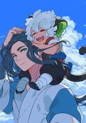 Rule 34 | 2boys, animal ears, aqua eyes, black footwear, black hair, blue sky, carrying, cat ears, cat tail, closed eyes, cloud, cloudy sky, highres, long hair, long sleeves, luo xiaohei, luo xiaohei (human), luo xiaohei zhanji, male focus, maruco, multiple boys, open mouth, short sleeves, shoulder carry, sky, smile, tail, upper body, white hair, wuxian (the legend of luoxiaohei)