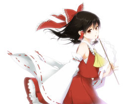 Rule 34 | 1girl, ascot, bad id, bad pixiv id, black hair, bow, chito04, detached sleeves, from side, gohei, hair bow, hair tubes, hakurei reimu, highres, holding, holding weapon, looking to the side, red eyes, red skirt, ribbon-trimmed sleeves, ribbon trim, sarashi, short hair, simple background, skirt, skirt set, sleeveless, solo, touhou, vest, weapon, white background, wide sleeves