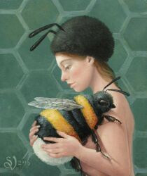 Rule 34 | 1girl, animal, animal hug, bee, black headwear, brown hair, bug, closed mouth, dated, dutch commentary, fake antennae, green background, hands up, holding, holding animal, honeycomb (pattern), honeycomb background, hug, insect, light green background, nude, original, oversized animal, painting (medium), realistic, signature, solo, suzan visser, traditional media, upper body