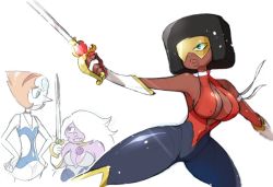 Rule 34 | 3girls, afro, ajikan (sabamiso), amethyst (steven universe), breasts, center opening, cleavage, cleavage cutout, clothing cutout, cosplay, cutie honey, cutie honey (character), cutie honey (character) (cosplay), cutie honey (cosplay), dark skin, dark-skinned female, garnet (steven universe), glasses, grin, large breasts, magical girl, multiple girls, pearl (steven universe), short hair, small breasts, smile, steven universe, sunglasses, sword, weapon