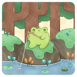 Rule 34 | artist name, blush stickers, closed mouth, day, fishing, frog, highres, holding, holding stick, lemon-illustrations, moss, no humans, original, outdoors, rock, sitting, smile, stick