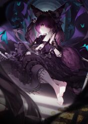 Rule 34 | 1girl, absurdres, animal ear fluff, animal ears, arch, arknights, axe, barefoot, black dress, black wrist cuffs, blue butterfly, blurry, blurry foreground, bug, butterfly, commentary, crossed ankles, curtains, dress, feet, fox ears, fox girl, fox tail, glaring, gothic lolita, hat, highres, holding, holding knife, insect, knife, lolita fashion, long hair, looking at viewer, mini hat, morte (arknights), parted lips, purple eyes, purple hair, ribiadan, shamare (arknights), shamare (echo of the horrorlair) (arknights), solo, stuffed wolf, tail, toenails, toes, wrist cuffs