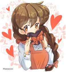 Rule 34 | 1girl, blush, bow, box, braid, brown eyes, brown hair, casual, commentary, covering own mouth, cropped torso, dress, dress shirt, embarrassed, floral background, flower, frilled dress, frills, gift, girls und panzer, hair bow, hair over shoulder, heart, heart-shaped box, highres, holding, holding gift, ivy, long hair, namatyoco, pink bow, red dress, red ribbon, ribbon, rose, rukuriri (girls und panzer), shirt, single braid, twitter username, upper body, valentine, white shirt