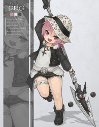 Rule 34 | 1girl, animal print, arm behind head, black footwear, black jacket, bucket hat, cross, cross-laced footwear, cross necklace, cutoffs, denim, denim shorts, dragoon (final fantasy), english text, fedora, final fantasy, final fantasy xiv, flat chest, full body, hat, head tilt, highres, jacket, jewelry, lalafell, leopard print, light blush, multiple views, necklace, open mouth, pink eyes, pink hair, pointy ears, polearm, puluie, short shorts, shorts, simple background, standing, standing on one leg, teeth, thigh strap, upper teeth only, warrior of light (ff14), weapon, white shorts